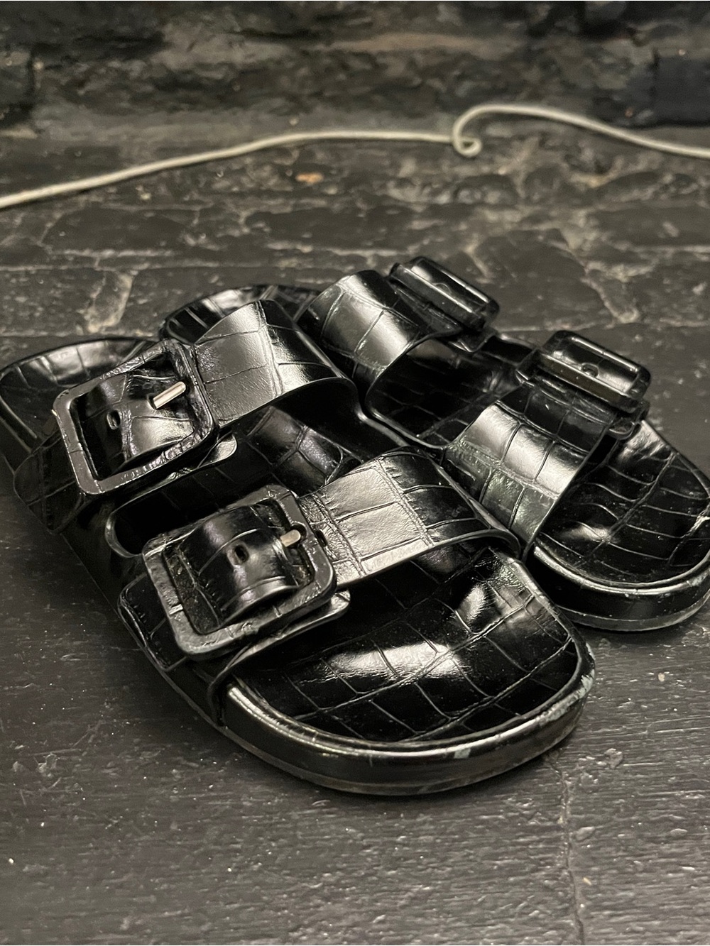 Balenciaga Mallorca Black Croc-Embossed Double Buckle Slide Sandals 39